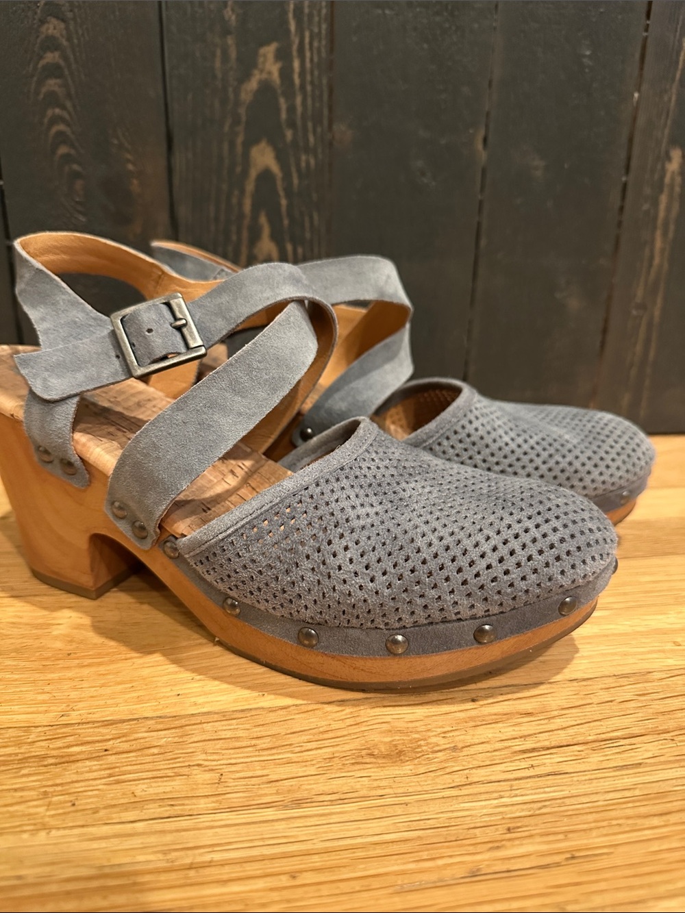 Kork-Ease Gray Suede Perforated Clog Mules with Ankle Strap